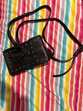 Black Star-Stud Leather Crossbody with Tassel